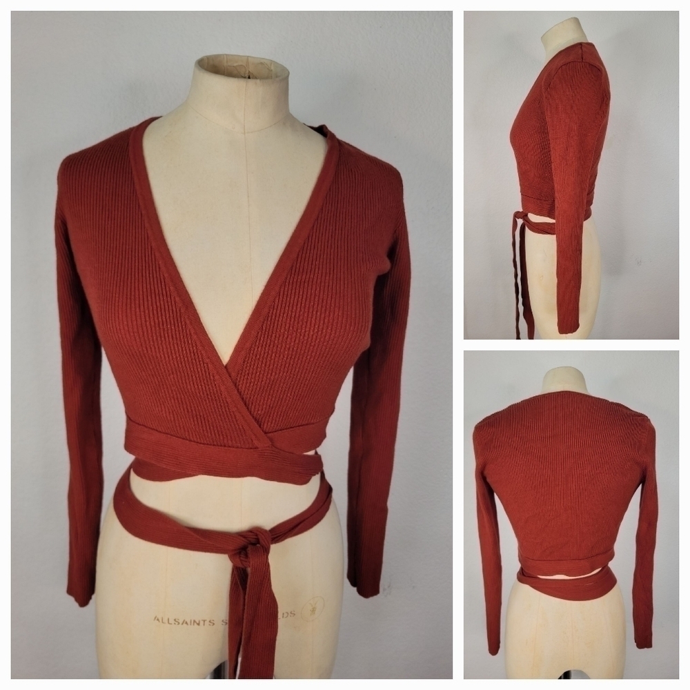 Audrey 3+1 Wrap Crop Top Sz S Ribbed Long Sleeve